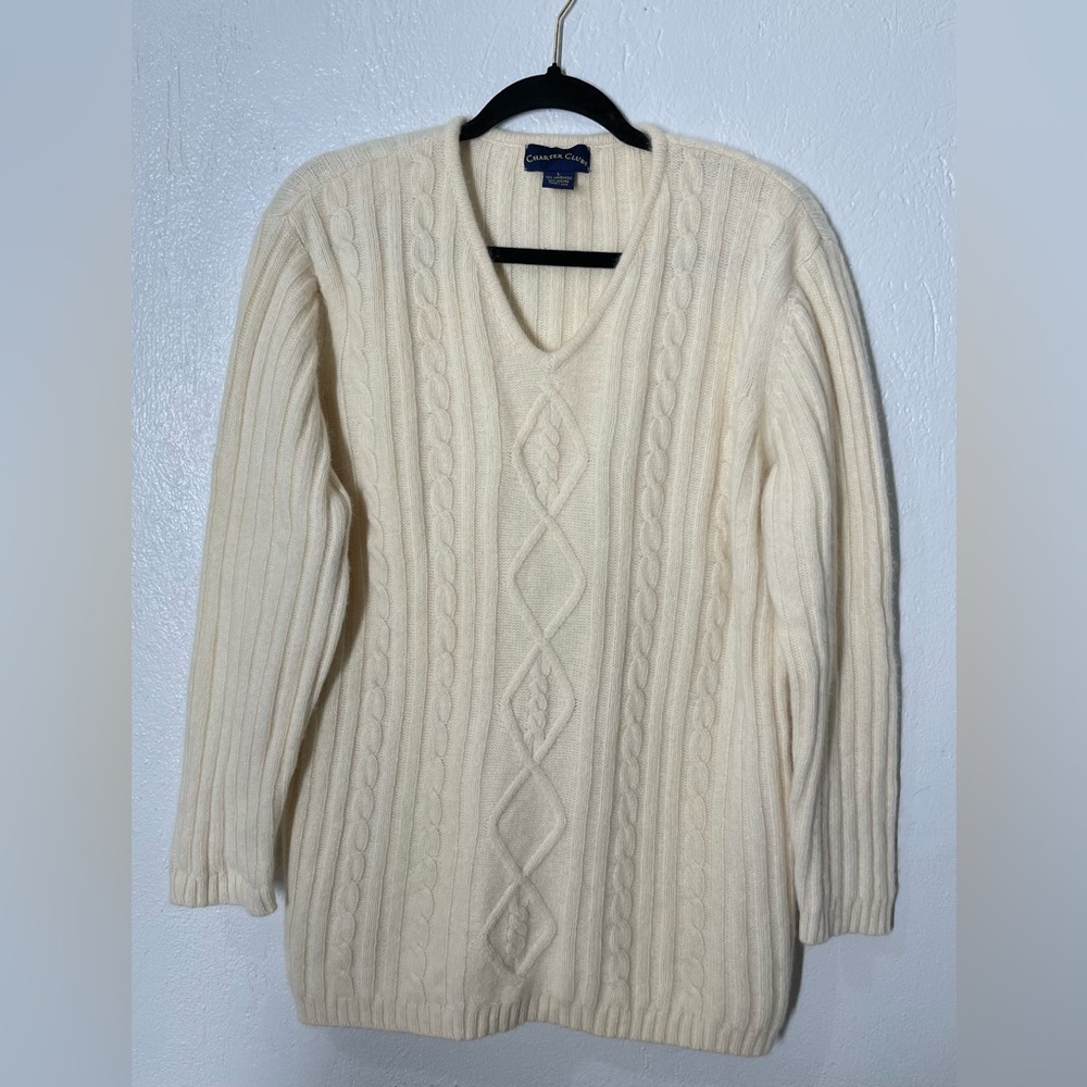 Charter Club Lambs Wool Angora Cable Knit Soft Sweater V-Neck Womens Sz L Cream